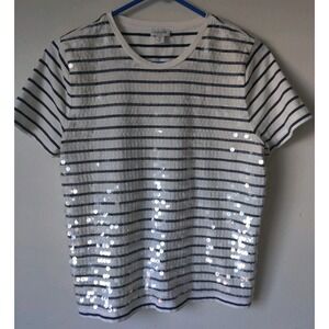 J.Crew Women's Sequin-Embellished T-shirt Navy Blue/White Stripe Pattern‎ Size M